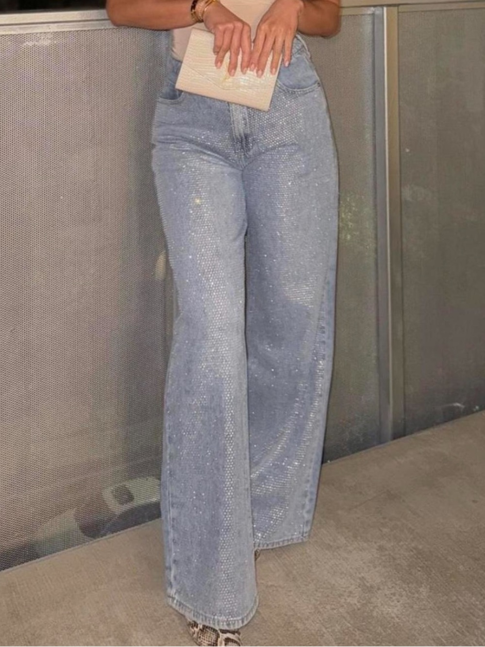 High-Waist Straight Leg Embellished Jeans - Light Blue